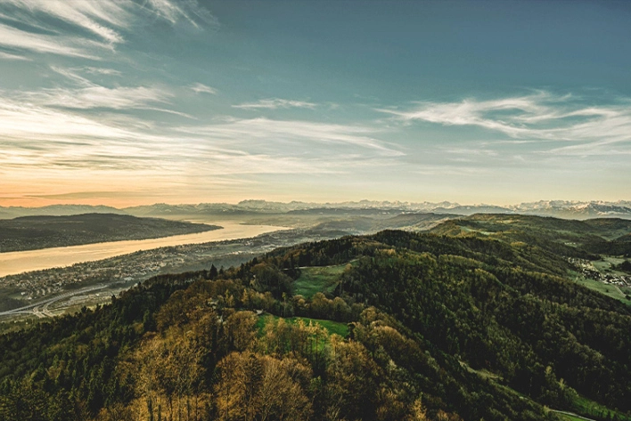 A landscape of Zurich with a river and trees