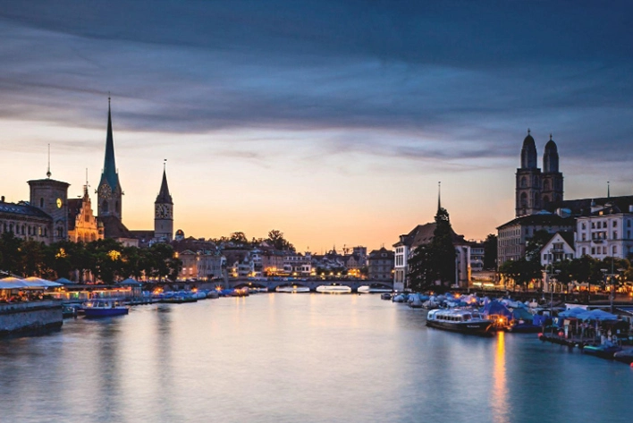 Lake Zurich, Switzerland with boats and buildings in the background