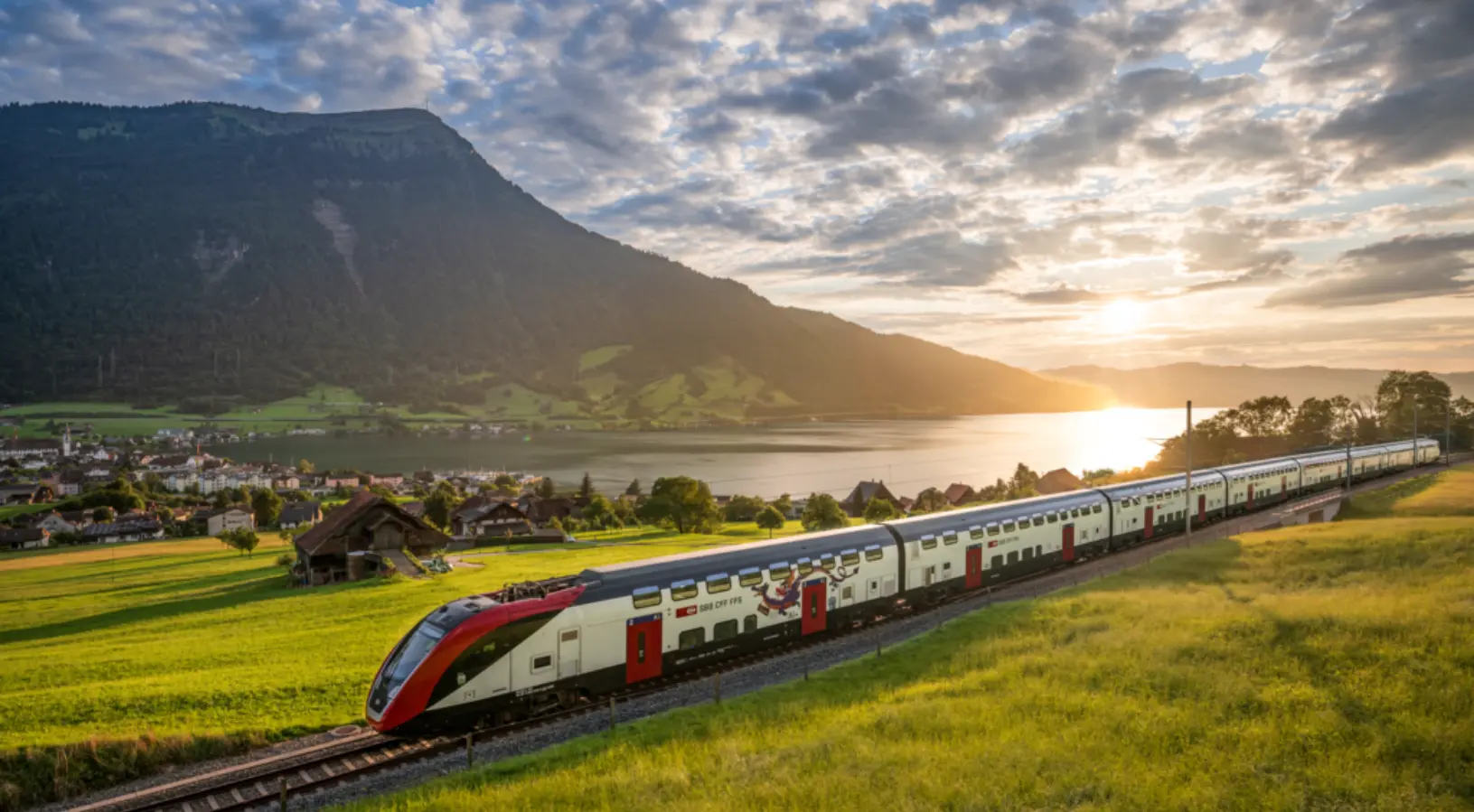 Modern SBB panoramic train traveling through lush green landscapes and lakes at sunrise, showcasing the journeys made easier once you know where to buy a Swiss Travel Pass.