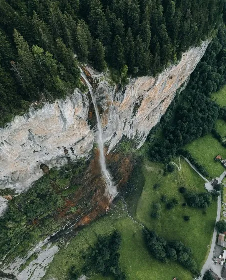 Waterfall Falling Down from Steep Cliff in Lauterbrunnen.