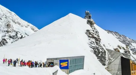 A stunning panorama of Jungfraujoch, the 'Top of Europe', featuring snow-capped peaks, glaciers, and a vibrant blue sky, with visitors exploring the observation deck and enjoying breathtaking alpine views.